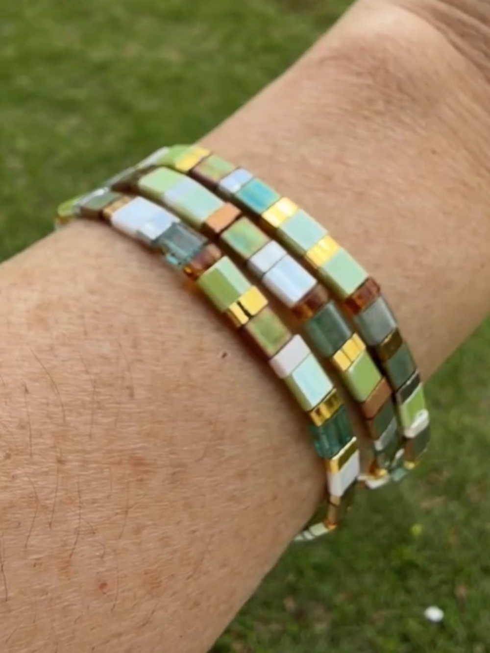 Beaded Stretch Tile Bracelet - Green Multi
